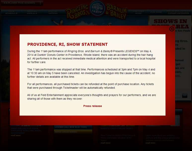 comunicado no site do cirso Ringling Bros informa a respeito do acidente ocorrido no domingo, 4 de maio