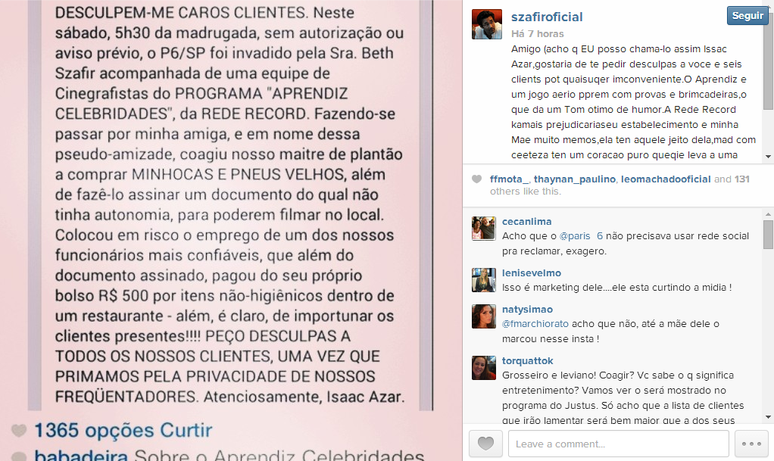 Luciano Szafir saiu em defesa da m&atilde;e ap&oacute;s mal-estar com o restaurante Paris6