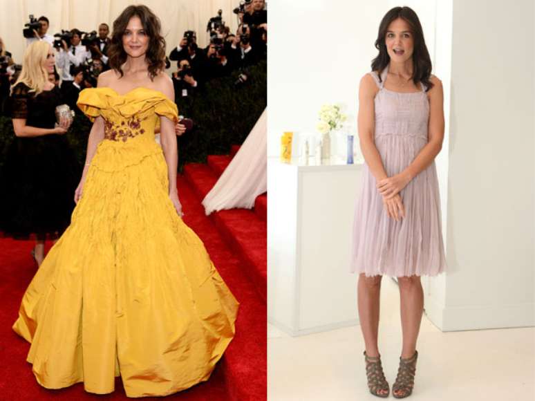 <p>A atriz Katie Holmes usou vestido amarelo em evento no início da semana. na quarta-feira (7), ela preferiu modelo mais discreto</p>