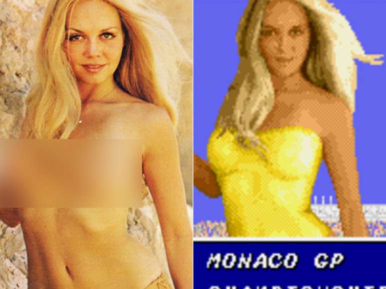 <p>Mercy Rooney (à esquerda) posou nua na década de 70; foto de revista foi adulterada para virar paddock girl da abertura do game (à direita)</p>