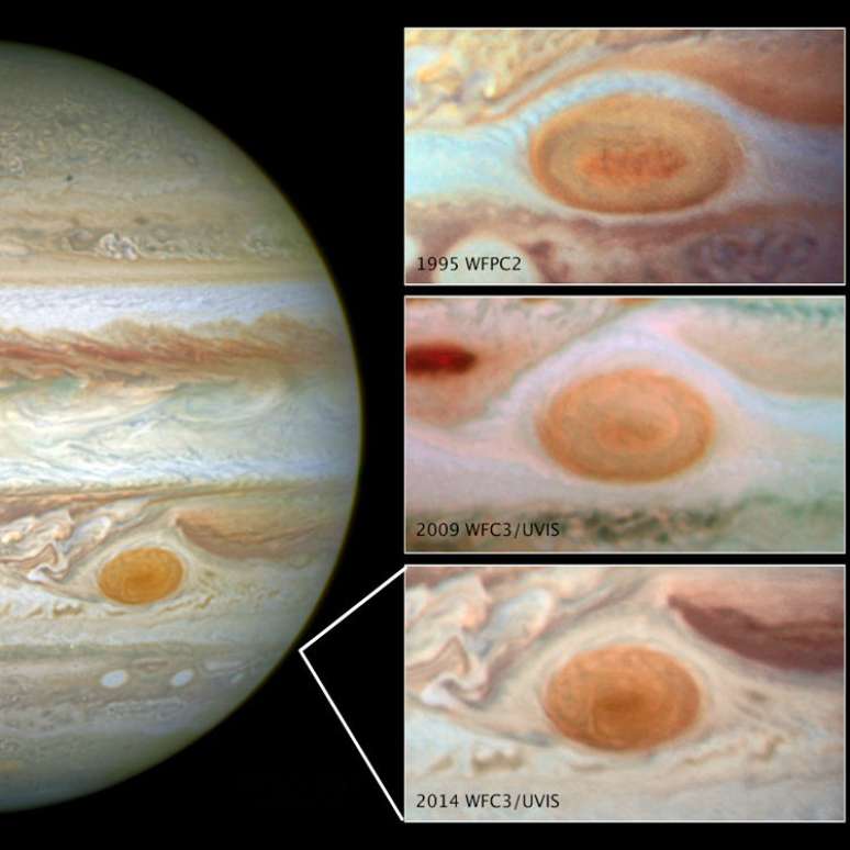 <p>Grande Mancha Vermelha de Júpiter pode ter a cor por causa dos raios solares que, ao atingirem gases, geram produto avermelhado</p>