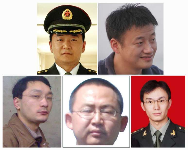 <p>Combinação de fotos divulgada pelo FBI mostra cinco oficiais militares chineses que os EUA acusou de espionagem cibernética. Da esquerda para direita: Sun Kailiang, Huang Zhenyu, Wen Xinyu, Wang Dong e Gu Chunhui</p>