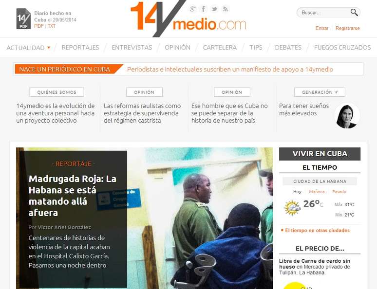 <p>Capa do novo site de notícias "14ymedio", da blogueira opositora Yoani Sánchez</p>