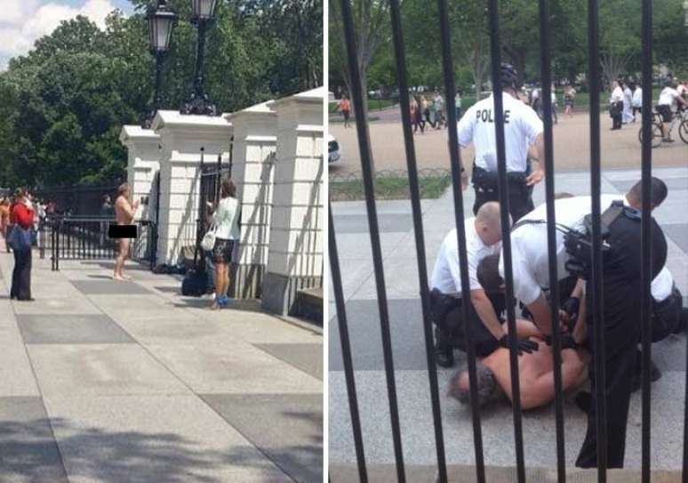 <p>Nu, o homem foi contido pelos seguranças da Casa Branca, em um dos dias mais quentes do ano na capital dos Estados Unidos</p><p> </p>