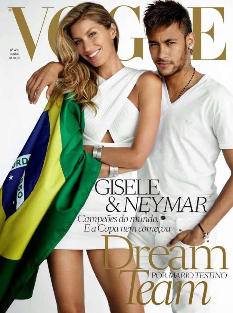 <p>Neymar posou ao lado de Gisele para a capa da Vogue Brasil</p>