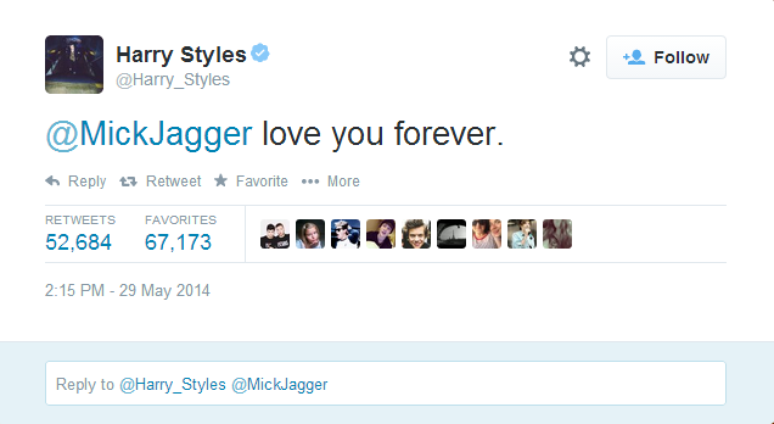 Harry Styles demonstrou toda sua admiração por Jagger em resposta ao tweet do líder dos Stones