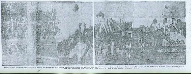 Foto do jornal Correio do Povo mostra os jogadores Tamini e Gutierrez (vestindo a camisa do Cruzeiro) disputando uma bola na área do México