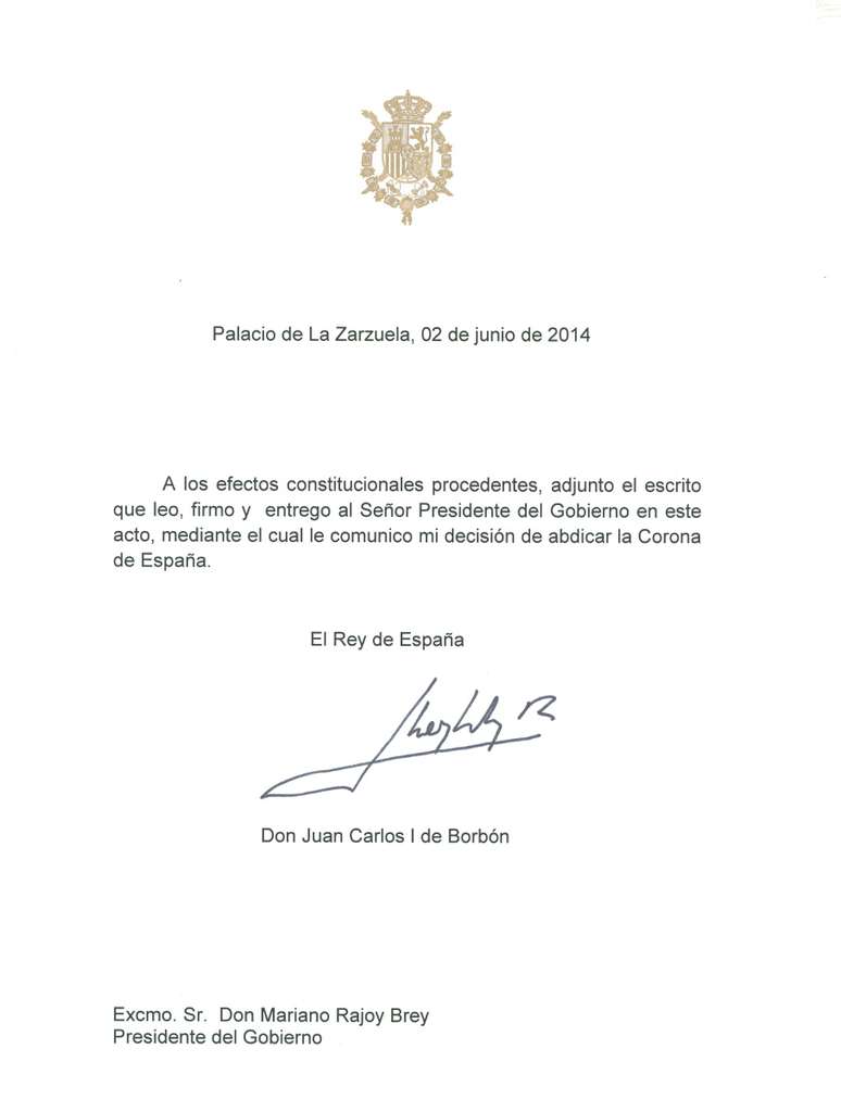 Carta de abdicação entregue pelo monarca ao chefe do governo espanhol