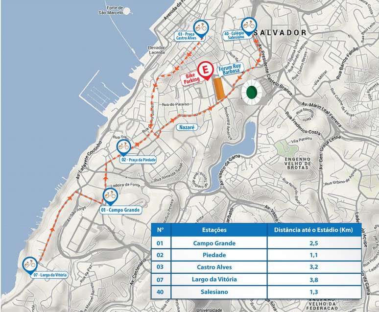Mapa informa rotas para utilização de bicicletas públicas em Salvador