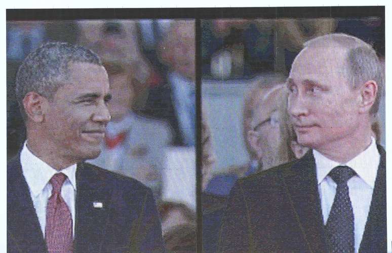 <p>Tela de vídeo mostra o presidente dos EUA, Barack Obama, e o presidente russo, Vladimir Putin, chegando à Cerimônia de Comemoração Internacional dos 70 anos do D-Day, em Ouistreham</p>