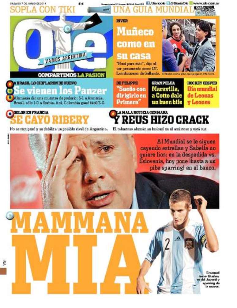 Di&aacute;rio Ol&eacute; brincou com a oportunidade ao jovem por conta de jogadores poupados: "Mammana Mia"