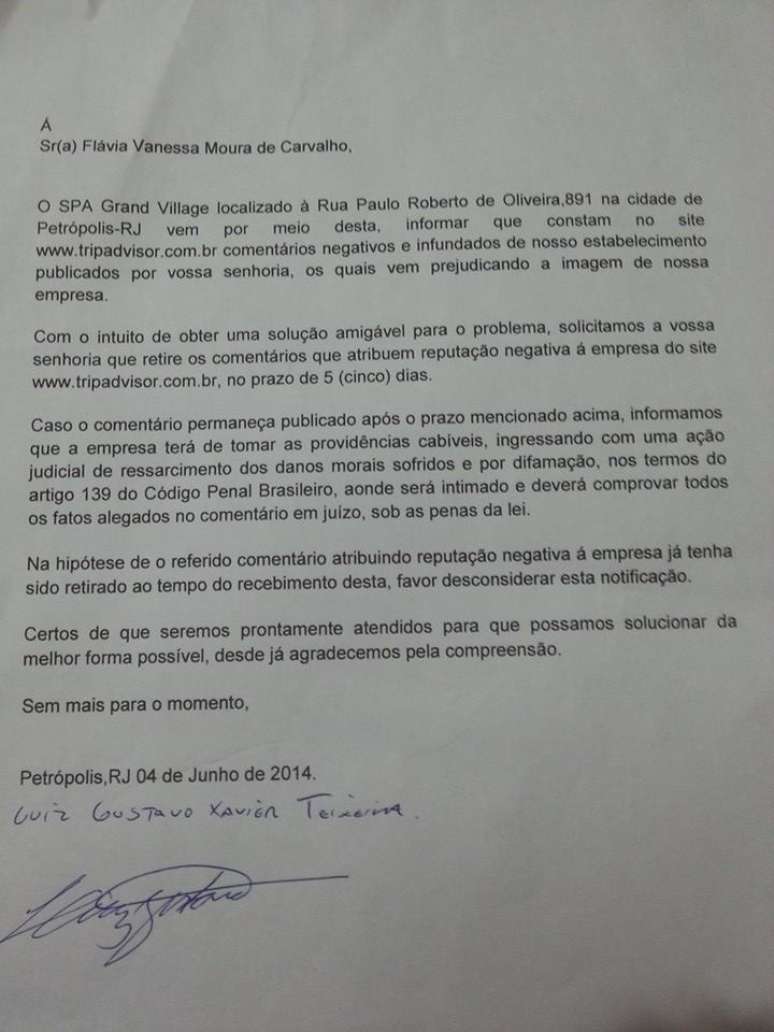Carta enviada pelo Spa Grand Village a usuária Flávia Carvalho