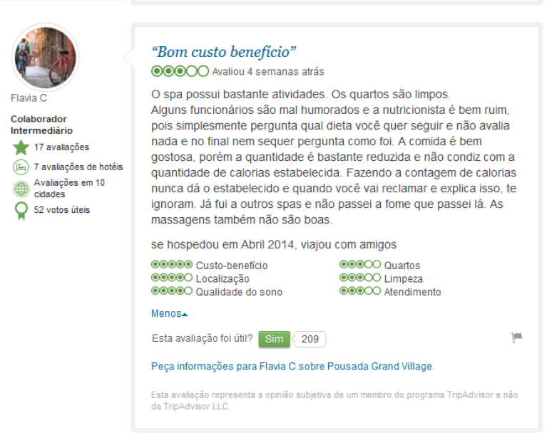 Postagem de Fl&aacute;via Carvalho no TripAdvisor