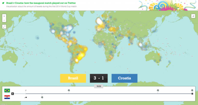 Mapa interativo mostra a quantidade de tuítes em 150 países no mundo durante o jogo inaugural da Copa