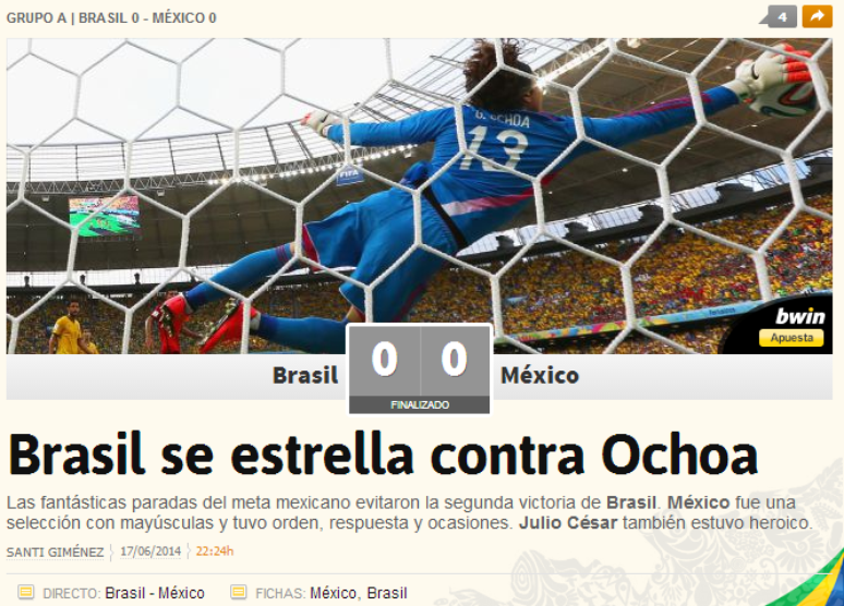 <p>Defesa do goleiro mexicano foi capa do site do espanhol AS</p>