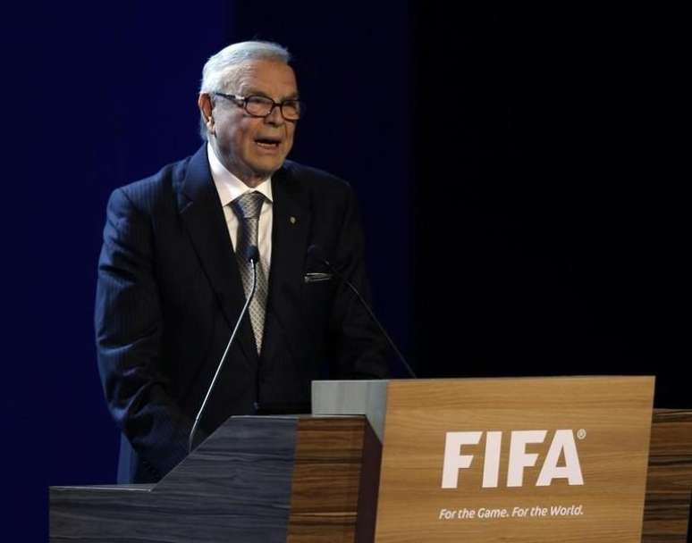 Presidente da CBF, José Maria Marin, em discurso no Congresso da Fifa, em São Paulo. 11/06/2014