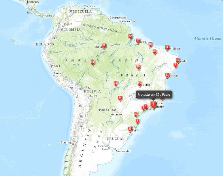 Um dos mapas do portal mostra os protestos que acontecem durante o Mundial