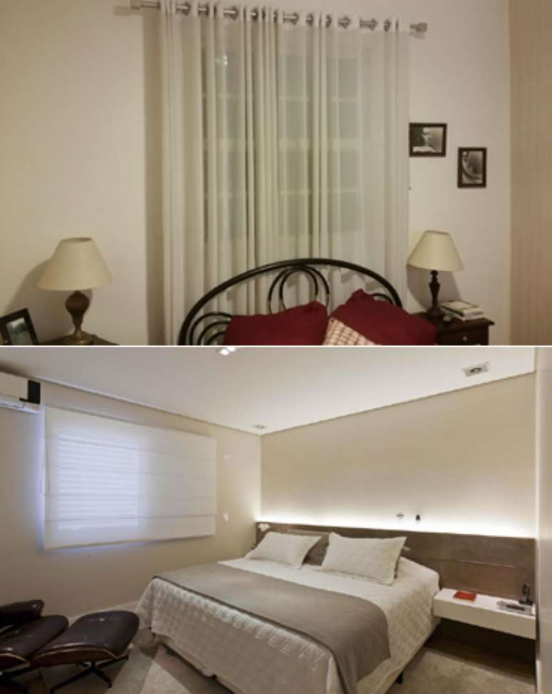 <p>Arquiteta explica que cortina curta é melhor opção para quarto da leitora (acima) porque janela fica atrás da cama</p>