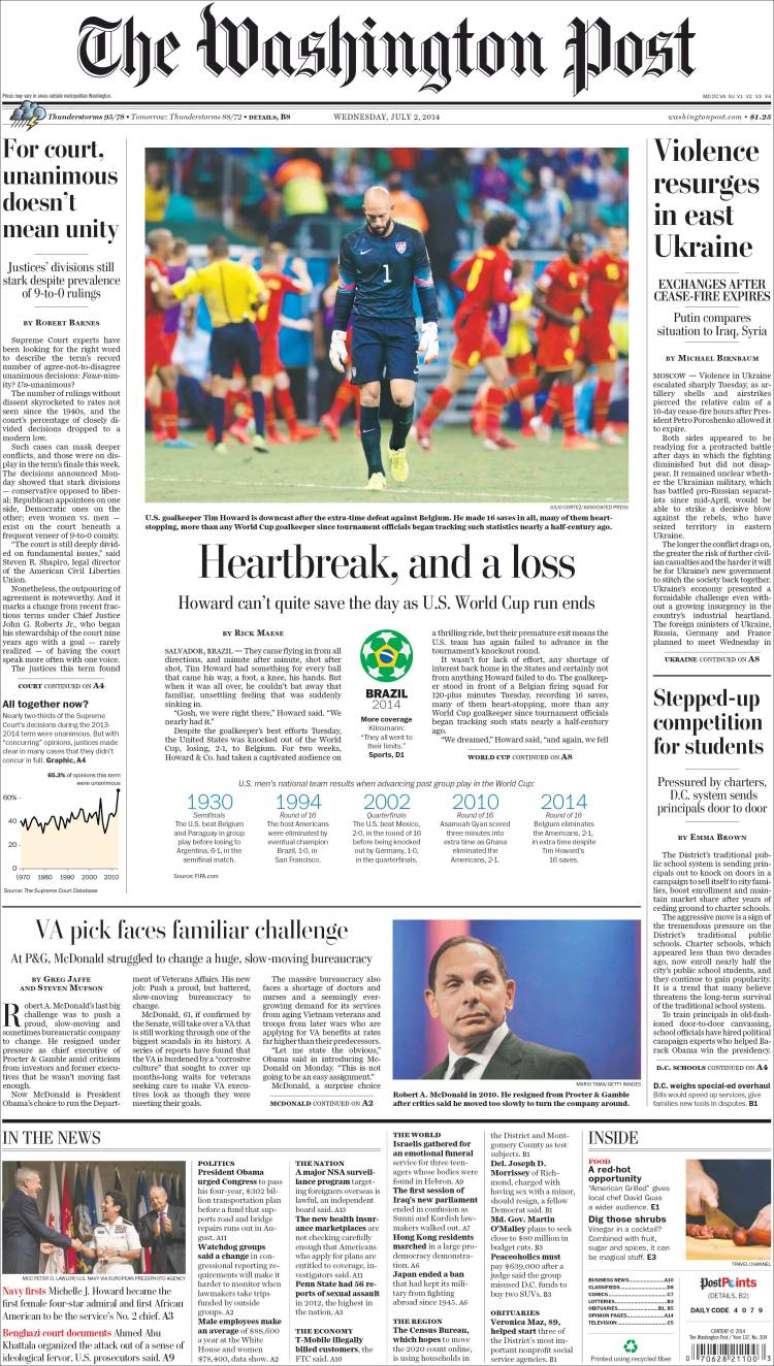 <b>The Washington Post (Columbia)</b><br>"Coração partido e derrota: Howard não consegue salvar o dia, e a caminha da Copa do Mundo termina para os EUA"