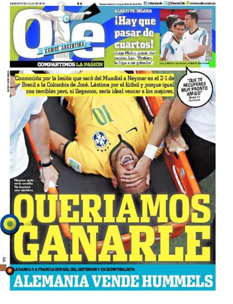 Jornal Olé também se decepcionou com a ausência de Neymar do restante da Copa do Mundo