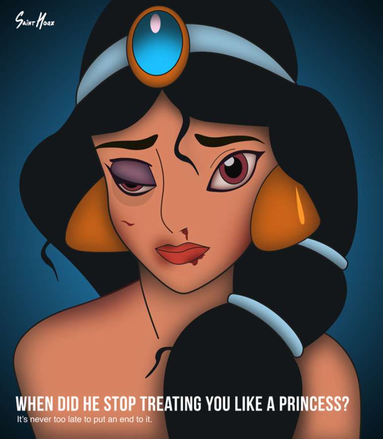 Campanha "Happy Never After", do artista Saint Hoax, usa imagens de princesas da Disney machucadas com o objetivo de conscientizar pessoas sobre a violência doméstica