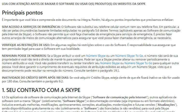 Trecho do termo de uso do Skype