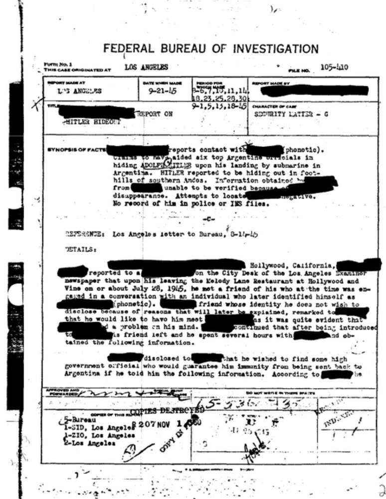 Documentos do FBI mostram que um informante teria ajudado Hitler a desembarcar na Argentina