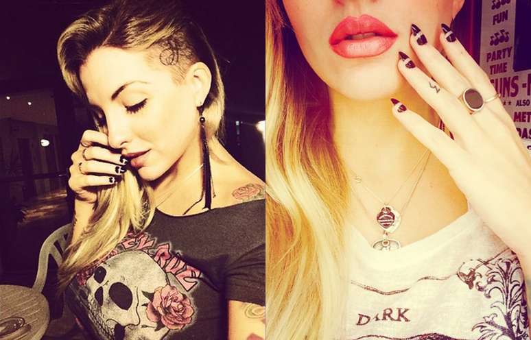 <p>A ex-BBB Clara optou por unha em formato de garra preta com tra&ccedil;o horizontal branco</p>