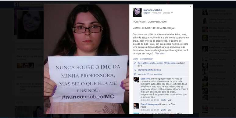 Aprovada em um concurso público da rede estadual de ensino, Mariana Cristina Justulin, 27 anos, pode não assumir o cargo por ter sido considerada obesa