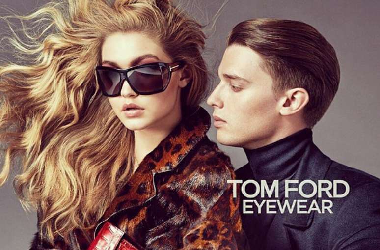 <p>Patrick Schwarzenegger e Gigi Hadid em campanha para Tom Ford Eyewear</p>