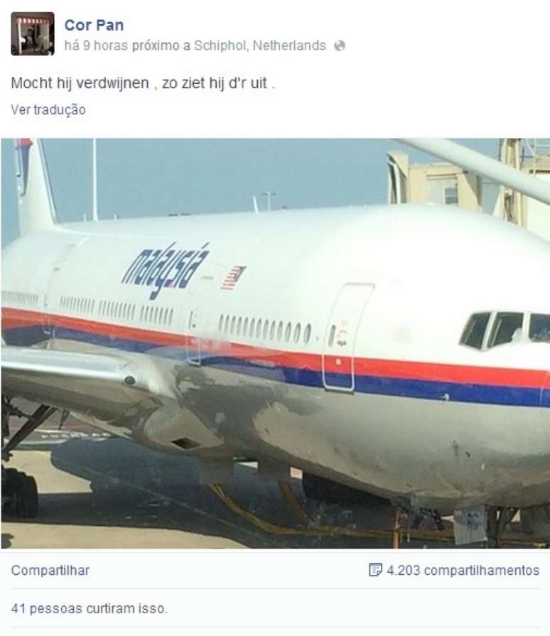 <p>Publicação em Facebook de holandês mostra avião da Malaysia Airlines </p>