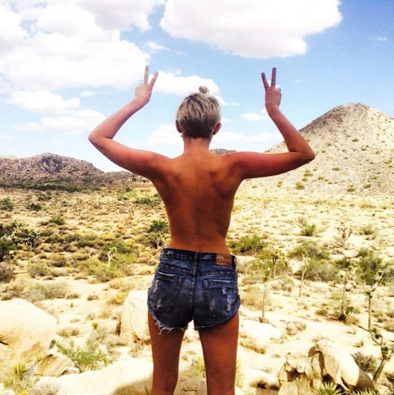<p>Miley ficou de costas para a foto em meio &agrave; paisagem</p>