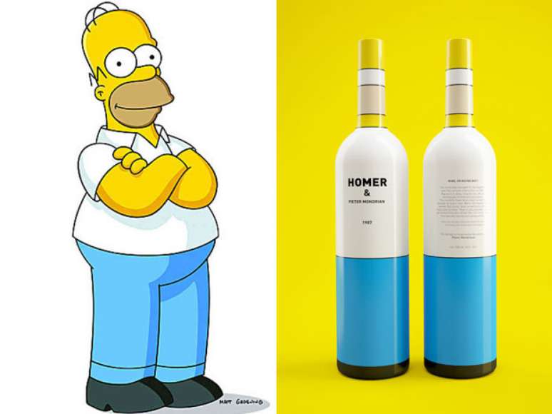 Designers russos usaram a criatividade para desenhar garrafas de vinho inspiradas em Homer e Marge, de Os Simpsons; elas levam cores idênticas as dos personagens
