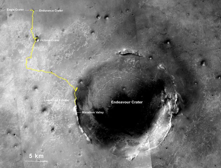 Imagem mostra rota feita pelo robô desde seu ponto de aterrissagem em Marte até sua localização no último dia 27