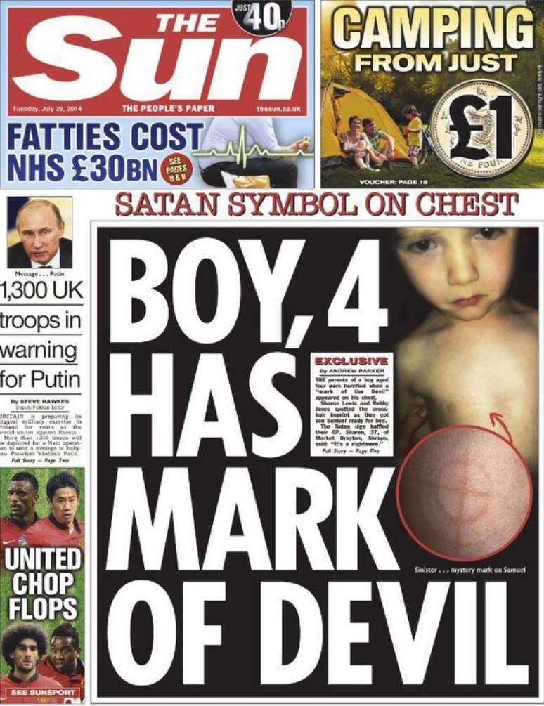 <p>"Menino de 4 anos tem o sinal do diabo", diz a capa do <em>The Sun</em></p>