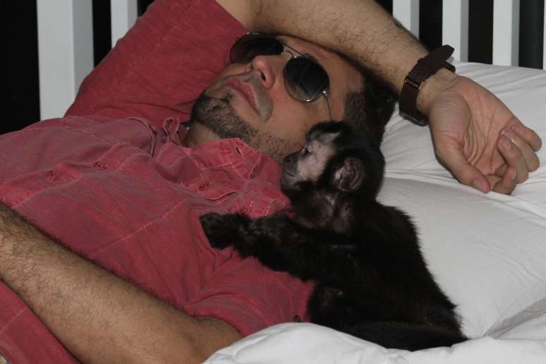 Latino dorme com seu macaco em intervalo de gravação