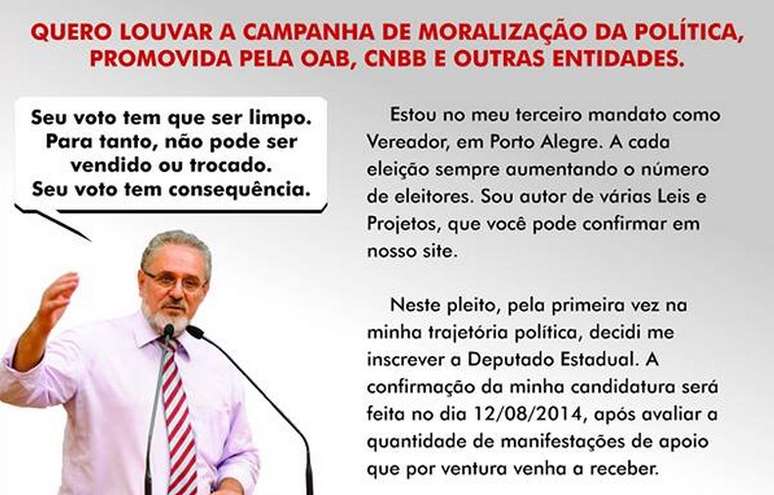 Candidato à Assembleia Legislativa, Bernardino Vendruscolo só concorrerá se conseguir apoio dos eleitores