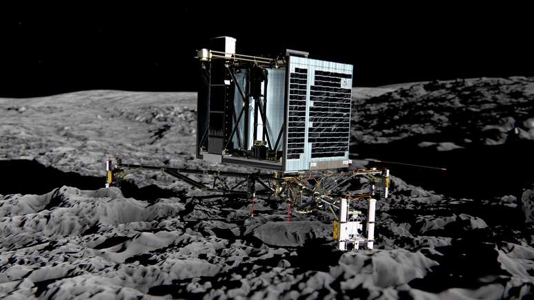 <p>Imagem liberada pela Agência Espacial Europeia de uma impressão artística do Rosetta Philae (vista traseira) na superfície do cometa 67P / Churyumov-Gerasimenko</p><p> </p>