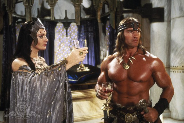 <p>Arnodl Schwarzenegger e Sarah Douglas em <em>Conan, o Destruidor</em></p>