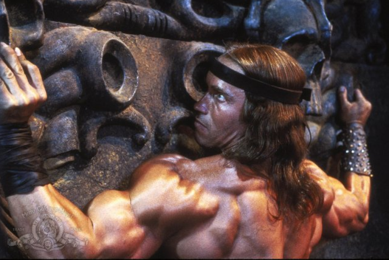 <p>Por falta de dublê com corpo semelhante, Schwarzenegger teve que fazer todas as cenas em Conan</p>