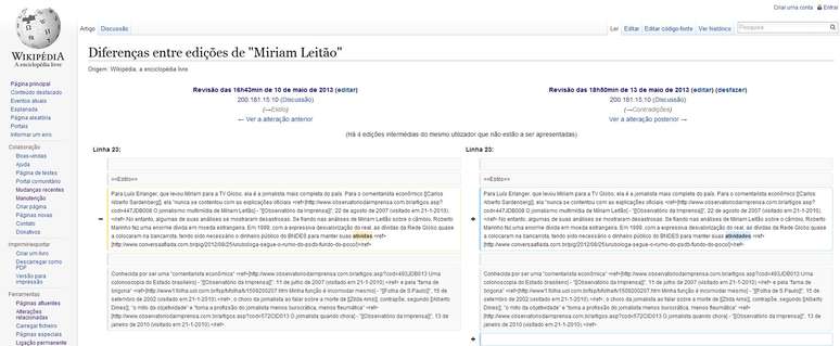 <p>Perfil de Miriam Leitão no Wikipédia foi alterado usando o IP do Planalto</p>