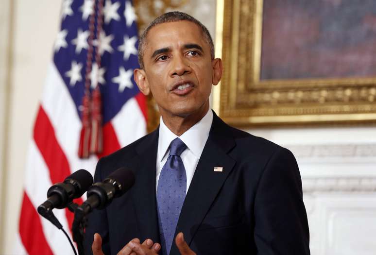 <p>Presidente dos EUA, Barack Obama fala sobre a situa&ccedil;&atilde;o de ajuda humanit&aacute;ria no Iraque, no State Dining Room da Casa Branca, em Washington, em 7 de agosto</p>