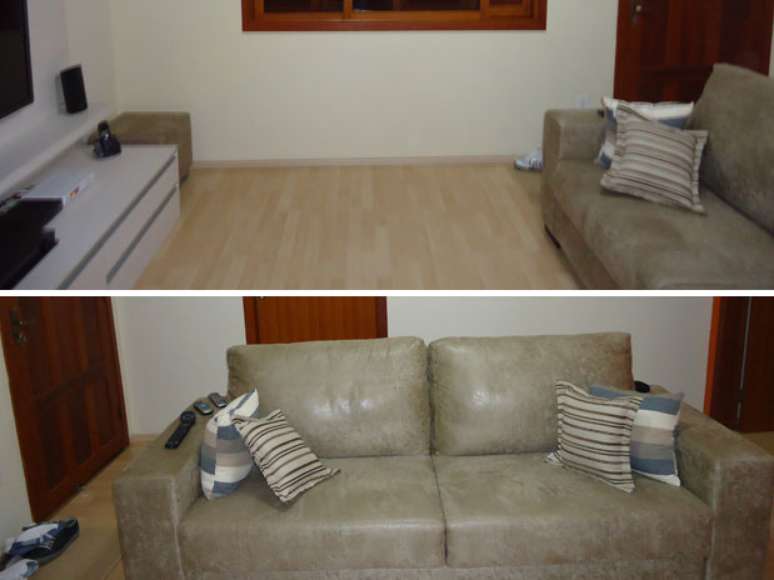 <p>Sala tem home theater e sofá neutro</p>