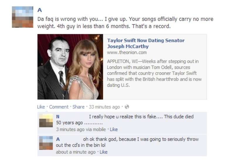 <p>Notícia falsa relatando o namoro da cantora Taylor Swift com um senador foi amplamente compartilhado na rede social</p>