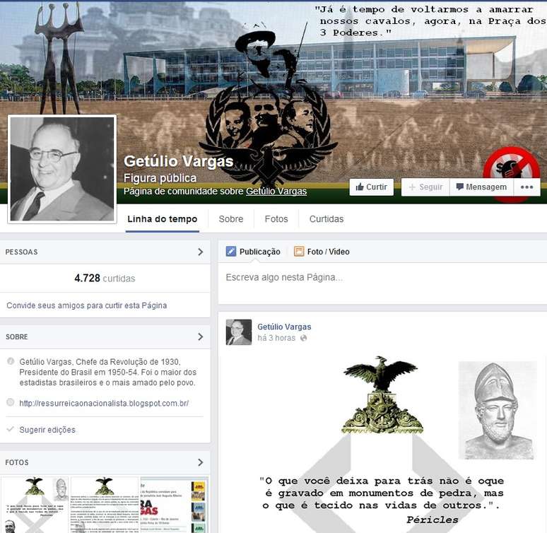 <p>Página sobre Getúlio Vargas no Facebook possui quase 5 mil curtidas e descreve o político como o maior dos estadistas brasileiros e o mais amado pelo povo </p>