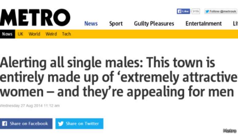 <p>"Alerta a todos os solteiros: Esta cidade &eacute; inteiramente composta por mulheres 'extremamente atrativas' - e elas est&atilde;o em busca de homens"</p>
