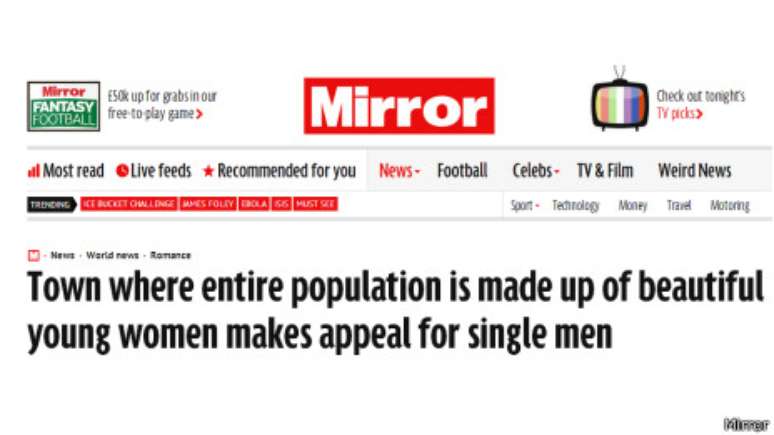 <p>"Cidade cuja popula&ccedil;&atilde;o &eacute; inteiramente de mulheres bonitas e jovens faz apelo por homens solteiros"</p>