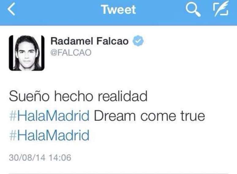 Falcao García anunciou ida ao Real Madrid pelo Twitter, mas rapidamente apagou a mensagem