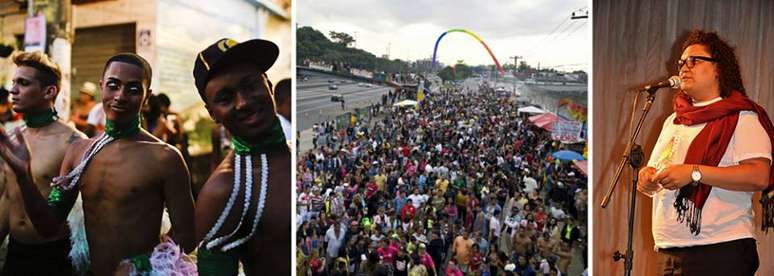 <p>Participantes do evento (esq. e centro) e a&nbsp;diretora do grupo Conex&atilde;o G de Cidadania LGBT Moradoras de Favelas, Gilmara Cunha (dir.)</p>