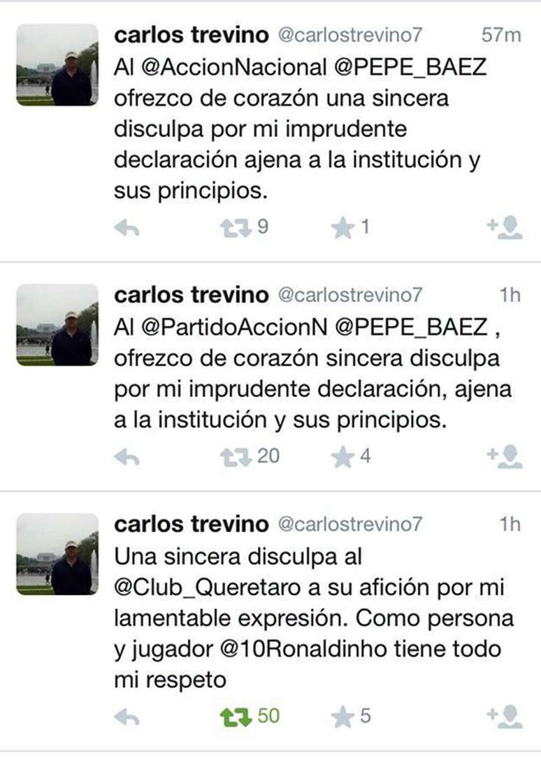 El político panista Carlos Manuel Treviño Núñez se disculpó por su insulto racista con el Club Querétaro y Ronaldinho vía la red social Twitter.